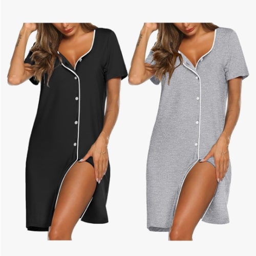 Ekouaer Nightgowns for Women 2 Pack Button Down Sleepshirt Short Sleeve Nightshirt Soft Sleepwear V Neck Pajama Dress