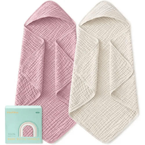 Yoofoss Hooded Baby Towels for Newborn 2 Pack 100% Muslin Organic Cotton Baby Bath Towel with Hood for Babies, Infant, Toddler and Kids, Large 32x32Inch, Soft and Absorbent Newborn Essential