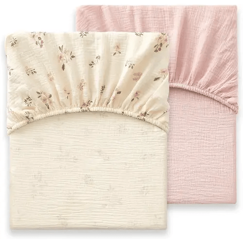 Heavyweight Muslin Baby Crib Sheets - 2PCS 52"x28" Neutral Fitted Crib Sheets for Boys Girls, Breathable Soft 100% Organic Cotton Standard Baby Mattress Sheet (Floral, Pink)
