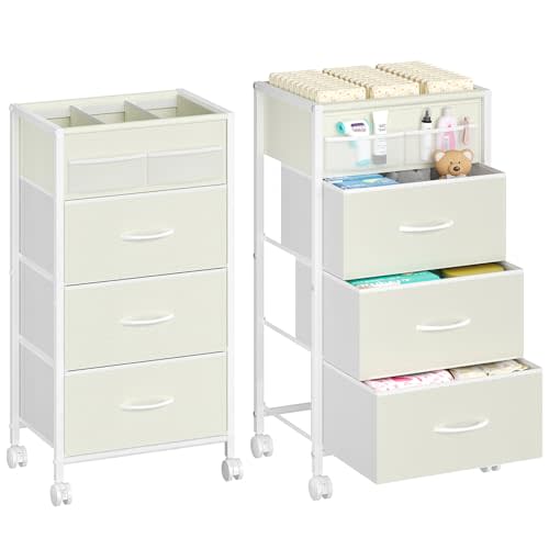 4-Tier Baby Diaper Caddy Organizer Cart with 3 Storage Drawers, Rolling Cart with Dividers & Side Pockets for Nursery, Baby Essentials, Toys, Wipes & Creams, Portable Baby Storage Cart & Station