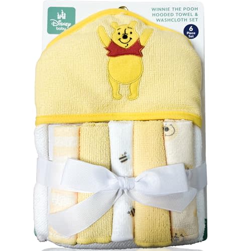 Cudlie Winnie The Pooh Bath Towel Set | Winnie The Pooh Hooded Baby Bath Towel | Includes Hoodie Towel & 5 Wash Cloths | Yellow/White | Officially Licensed