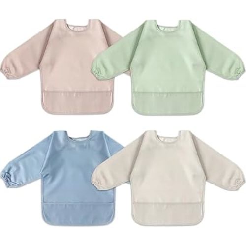 POIKSHARK Long Sleeve Bib, Waterproof Sleeved Smock for Baby Boy or Girl, Reusable Bib with Pocket