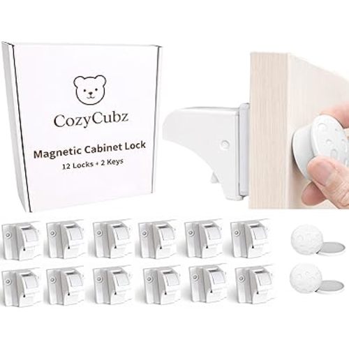 CozyCubz Magnetic Cabinet Locks Baby Proofing - 12 Locks + 2 Keys | Child Proofing Cabinet & Drawers | Invisible, No-Drill Child Safety Locks | Strong Hold, Easy Install, Damage-Free Child Proof Lock