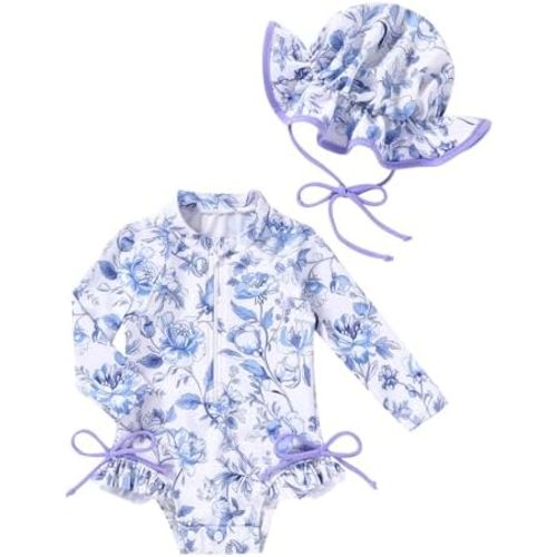 Happy Town Baby Girls Swimsuit Long Sleeves Zipper Ruffled Bathing Suit Infant Girl Beach Essentials