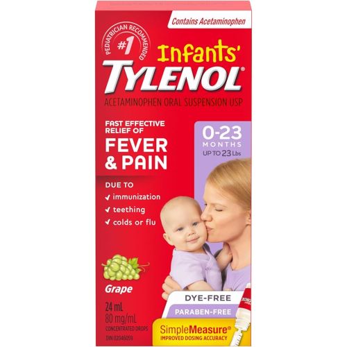 Tylenol Infant Fever, Teething and Pain Reliever for Baby, Grape Suspension Medicine, Dye Free, 24ML