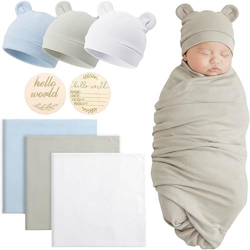 BQUBO 3 Sets Cotton Baby Swaddle Blankets Swaddling Wrap with Hats Mittens Newborn Soft Silky Nursery Receiving Blanket Cute Bear Ears Hat Elastic Gloves Set for Unisex Baby 0-3 Months