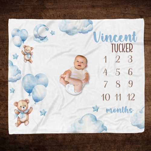 BOY BEAR BALLOONS Milestone Blanket, Blue Balloons Teddy Bear Milestone, Baby Boy Growth Blanket, Newborn Boy Teddy Bear Personalized Gift