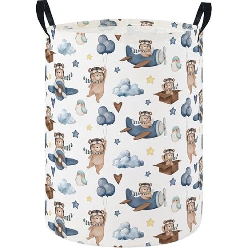 Baby Laundry Hamper Basket Baby Hamper for Nursery Boy and Girl Cute Kids Toys Storage Bin Organizer Boho Room Decor(Bear Pilot)