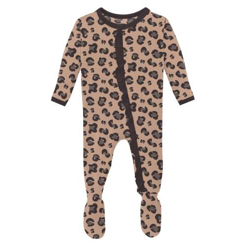 Print Layette Ruffle Footie with Zipper in Suede Cheetah Print