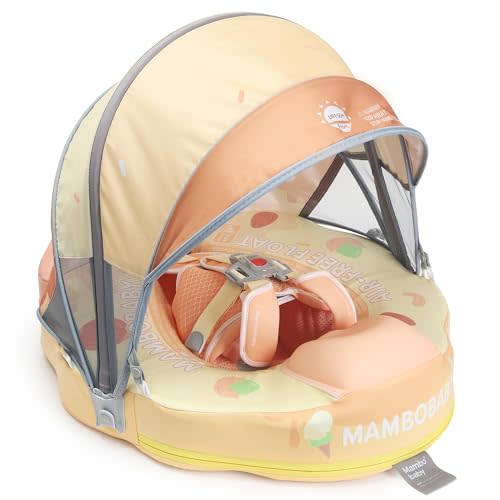 Mambobaby Float Add Tail Baby/Infant Swim Float with Canopy, Non-Inflatable Solid Upgrade Soft Waterproof Skin-Friendly Leather Material (Limited Edition Yellow)