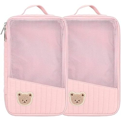 MOMIGO Baby Diaper Bag Organizer Pouches - 2 Pack Waterproof Pod Hanging Diaper Bag Cute Rabbit Bear Mesh Bag Reusable, Washable or Baby Cloth Diapers (Pink)
