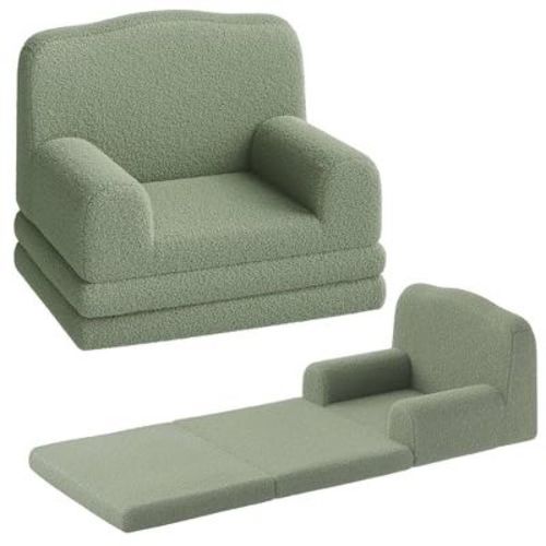 Kids Couch, 2-in-1 Convertible Teddy Fleece Fabric Toddler Sofa Chair, Soft Fold Out Couch Lounger for Kids, for Playroom, Nursery, Green