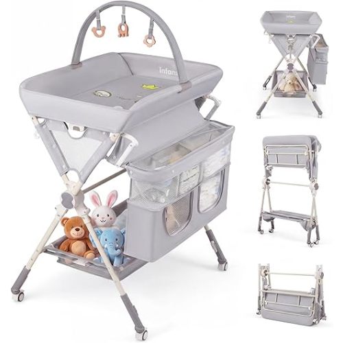 INFANS Portable Baby Changing Table with Wheels, Foldable Diaper Changing Station with Adjustable Heights, Large Organizer Storage for Newborn Infant (Light Gray)