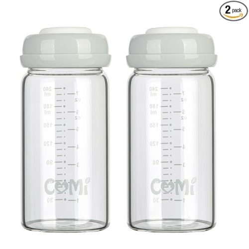 COMI Wide Neck Glass Breastmilk Collection n Storage Bottle, 8oz with Screw Ring Sealing Disk; Re-markable Sealing Disc. BPA Free, Fits Breast Pumps & Nipples (2 Gray Lids)