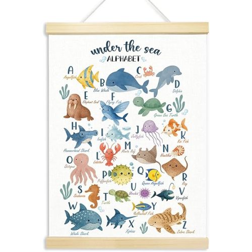 Voxitura Sea Animals Alphabet Poster Hanger Frame, Nursery Ocean Wall Decor Art Canvas for Playroom Kids Toddler Room Classroom, Cute Watercolor ABC Prints for Wall Hanging Decor Banner 12x16in