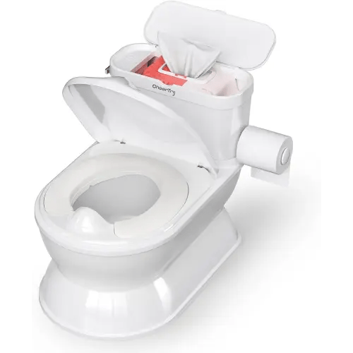 2-in-1 Toddler Potty Training Toilet - Larger Potty Chair & Detachable Training Seat for Boys & Girls Ages 1-3 with Flushing Sound, Wipes Storage, Toilet Paper Holder
