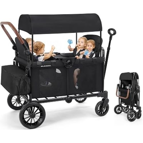 ELEMARA 4 Seater Wagon Stroller, Premium Stroller Wagon for 4 Kids, Foldable All-Terrain Wagon for Kids with Canopy, Adjustable Push/Pull Handles,Convertible High Seat&Organizer, Black
