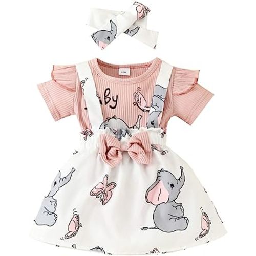 Maemukilabe Infant Newborn Girl Elephant Outfits Headband Romper Reindeer Suspender Skirt Sets Fall Winter Christmas Clothes