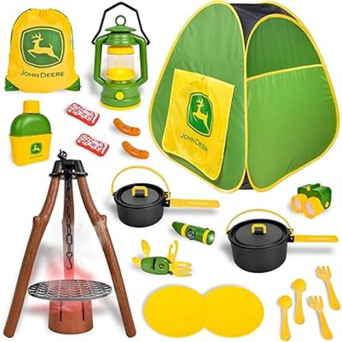 John Deere Pop-Up Camping Tent, 18 Piece Set Includes Canteen, Plates, Utensils, Play Food, Pots, Binoculars, Lantern, and Flashlight, Indoor and Outdoor Play
