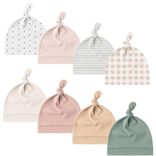 Konssy 8 Pack Baby Newborn Hats Set Knot Beanie Hats Soft for Infant Baby Girls Boys Caps 0-6 Months Pink