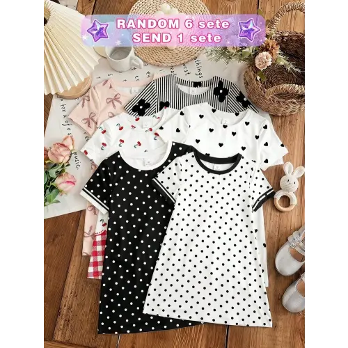 [RANDOM 6 SETS SEND 1 SET]Vintage Sweet Black & White Contrast Polka Dot, Vintage Cute Sweet Bow Cherry, Heart, Floral Print Pattern, Baby Girl Casual Simple Loose Cartoon Pattern Round Neck Short Sleeve Dress Suitable For Summer | SHEIN USA