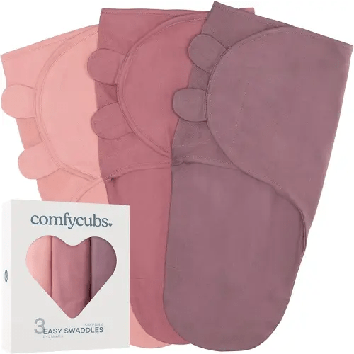 Comfy Cubs Easy Swaddle Blanket, 3 Pack - 100% Cotton Newborn Wrap, Small for 0-3 Months Infants, Breathable and Durable Sleep Sack for Babies - Blush, Mauve & Mulberry