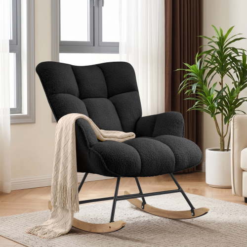 AUNEKIV Nursery Rocking Chair, Teddy Accent Armchair with High Backrest, Upholstered Glider Rocker for Living Room, Bedrooms, Playroom, Black