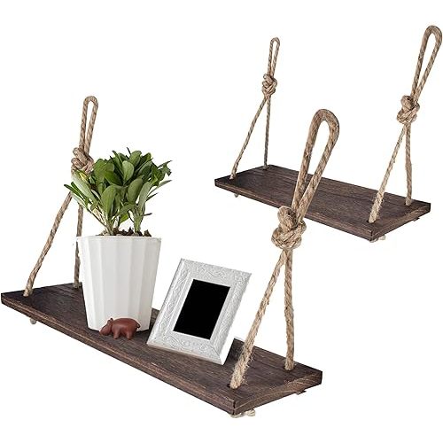 Rope Hanging Floating Shelves, Rustic Wood Wall Decor Swing Shelf with 4 Hooks, Pack of 2