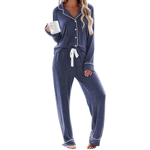 Ekouaer Women's Pajamas Long Sleeve Sleepwear Casual Button Down Loungewear Soft Pjs Set S-XXL