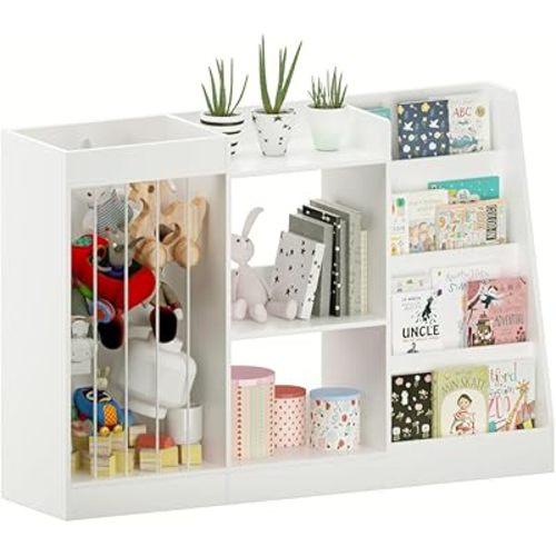 Kids Bookshelf and Toy Storage & Baby Bookcase, 3-in-1 Montessori Toddler Book Shelf with Stuffed Animal Organizer, 3-Tier Toy Shelf and 4-Tier Front-Facing Book Rack, Nursery and Playroom Storage