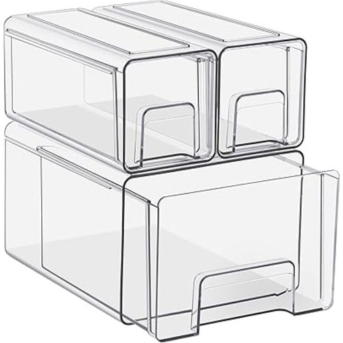 Sorbus 1 Large & 2 Small Clear Stackable Storage Drawers, Plastic Organizer Bins with Handles, Pull-Out Stackable Drawers for Bathroom Closet, Medicine, Cabinet, Pantry Storage, Baby Bottle Organizer