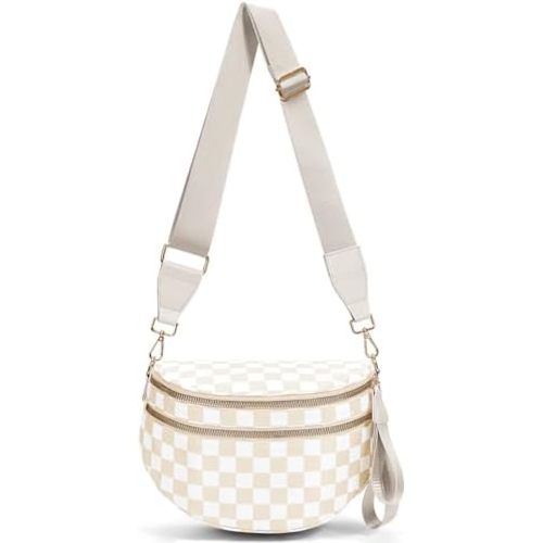 hibear Checkered Crossbody Bag Spacious Bum Bags for Women Nylon Crossbody Fanny Packs Checkered Purse Belt Wallet
