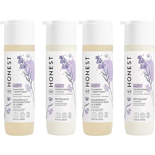 The Honest Company Silicone-Free Conditioner & 2-in-1 Cleansing Shampoo Body Wash Duo Gentle for Baby,Naturally Derived,Lavender Calm,20 fl oz,(Pack of 4)
