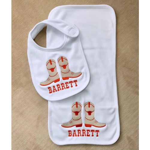 Longhorn Cowboy Boot Western Burp Cloth Bib, Monogrammed Embroidered Baby Shower Gift, Personalized, Hook Em, Bevo, UT, University of Texas