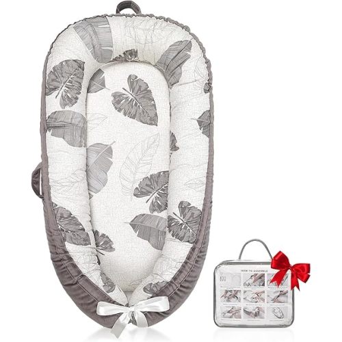 Baby Lounger | Organic Cotton Infant Lounger | Reversible, Adjustable & Portable Floor Lounger | Soft, Breathable, Washable Cover-Grey Leaves
