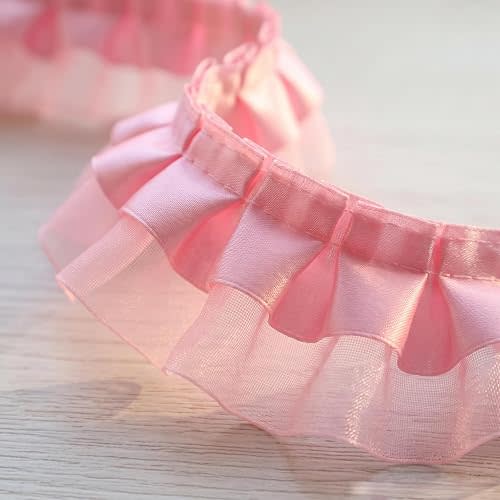 Pink 2-Layer Ruffle Trim Organza, 1.57 Inch Wide 5 Yards Gathered Pleated Lace Ribbon for Sewing, Doll Dresses, Baby Shower, DIY Crafts & Party, Gift Wrapping, Scrapbooking