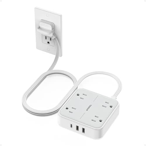 TESSAN Surge Protector Flat Extension Cord 5 Ft, Ring Plug Power Strip | 4 Outlets 3 USB Ports (1 USB C), 900 Joules Protection, Multiple Wall Outlet Extender Suitable for Home Office Dorm, Grey