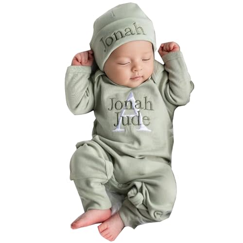 Personalized Newborn Baby Coming Home Outfit Custom Matching Super Soft Infant Long Sleeve Sleepwear with Embroidery Name Baby Sleeper Newborn Set for Girl and Boy Perfect Baby Shower Gift (A)