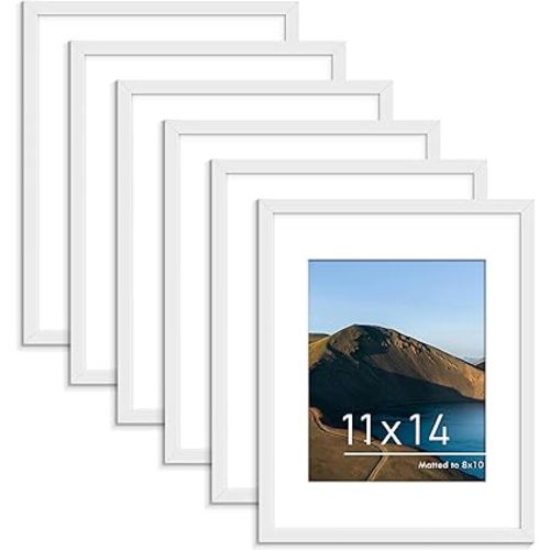PEALSN 11x14 Picture Frame Set of 6, Display Pictures 8x10 with Mat or 11x14 without Mat for Wall Mounting or Table Top Display, Photo Frames Collage for Wall Decor, White.