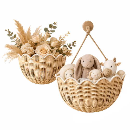 TXXTOL 2-Piece Handwoven Rattan Wall Baskets, Scalloped Wicker Hanging Storage for Nursery and Bathroom