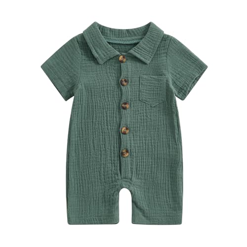 Honganda Summer Baby Boy Cotton Linen Jumpsuit Short Sleeve Button Down Playsuit Romper One Piece Outfit 0-24M