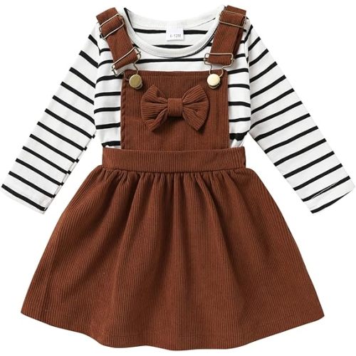 Toddler Baby Girl Fall Outfit Long Sleeve Stripe T-Shirt and Strap Dress Overall with One Pocket Clothes Sets