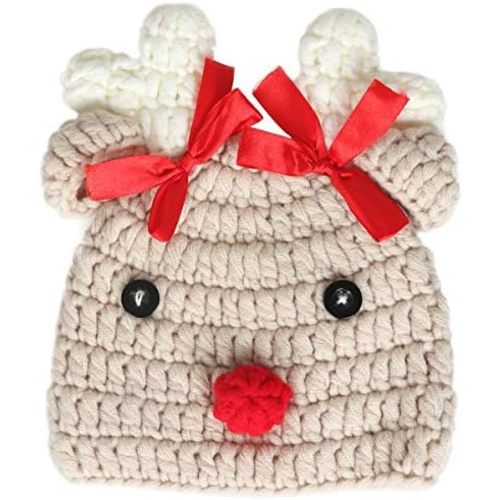Ypser Infant Baby Knitted Beanie Photo Prop Crochet Knit Cap Christmas Cap Deer Hat with Bow