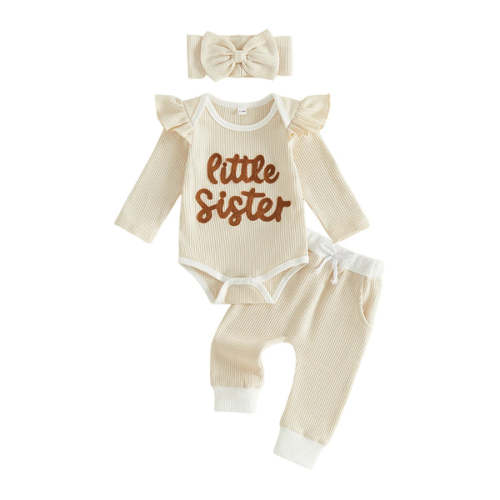 LITTLE SISTER Waffle Knit Ruffle Outfit with Headband - Hazel & Bo