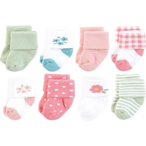 Hudson Baby Infant Girl Cotton Rich Newborn and Terry Socks, Coral Pretty Floral, 0-6 Months