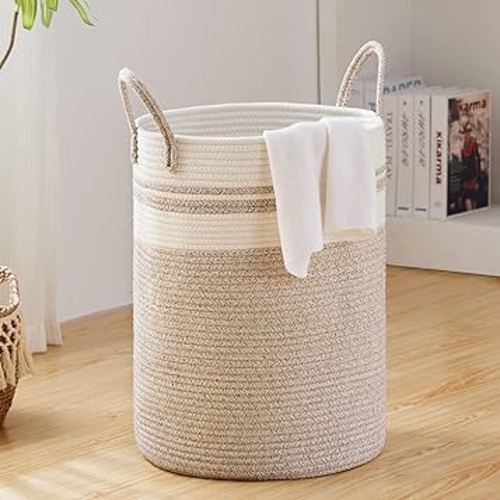 58L Large Woven Laundry Hamper by Fiona's magic, Tall Cotton Rope Storage Basket, Jute Baby Nursery Hamper for Blankets, Toys and Clothes in Bedroom and Living Room Organizing, Brown & White