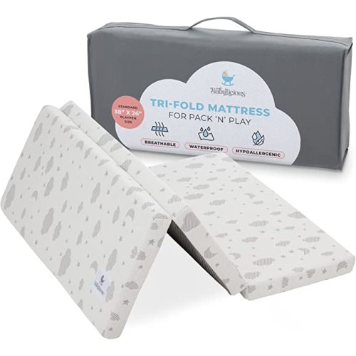 Babylicious Waterproof Pack and Play Mattress Topper | 38" x 26" x 1.5" | Trifold Style - Breathable Soft Plush Foam - Portable Mattress Topper- Baby Foam Mattresses for Babies