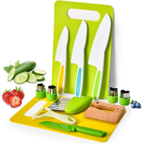 Montessori Kids Knives for Real Cooking, 13 Pieces Wooden Kids Kitchen Knife Set Include 4 Serrated Edges Plastic Toddler Knife,Crinkle Cutter Y Peeler Cutting Boards and Wood Toddler Safe Knife