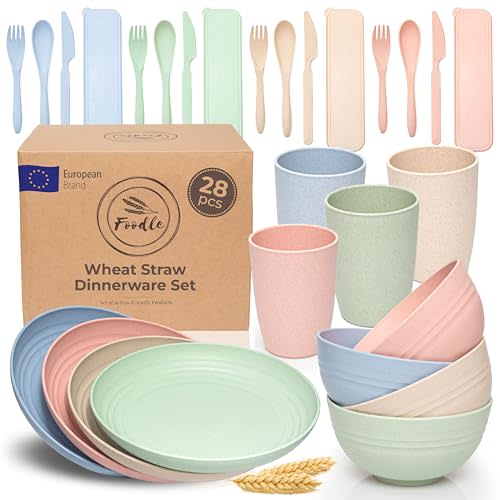 FOODLE Wheat Straw Dinnerware Set - BPA Free & Safety Tested - Dishwasher & Microwave Safe - Toddler & Kids Plates and Bowls Sets - Plastic Plates Reusable - Perfect for RV, Camping Dishes - For 4