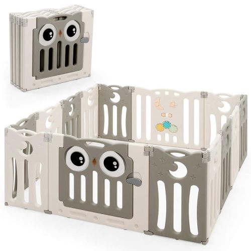 Costzon Foldable Baby Playpen, 14-Panel Baby Fence with Lock Door, Rubber Pads & Anti-Slip Rubber Bases, Indoor Outdoor Safety Baby Fence with Adjustable Shape for Toddlers (14-Panel, Beige)